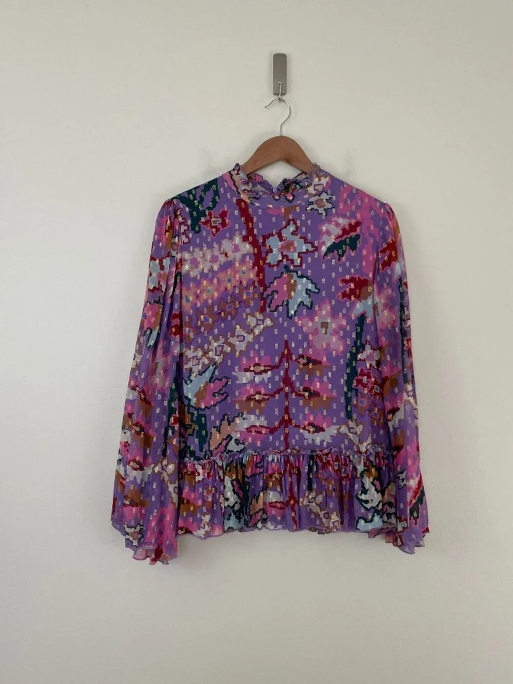 Oliphant Lavender Bukhara Long Sleeve Peplum Top Size Large